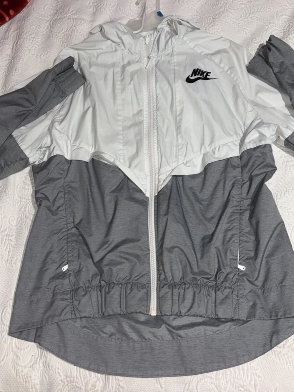 Nike Two-Tone White and Gray Hooded Bomber Jacket